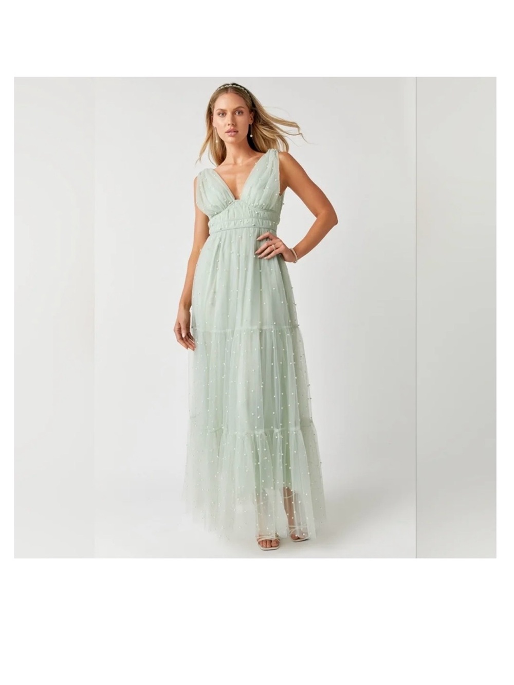New Ethereal Mint V-Neck Maxi Tulle Dress with Pearls - Medium